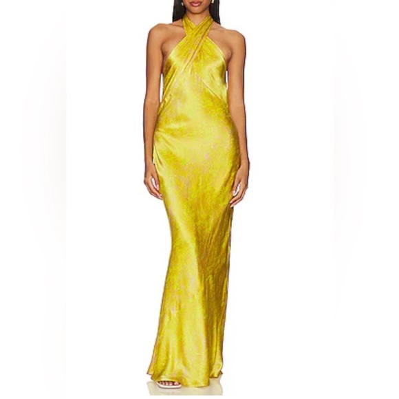 NWT L'AGENCE Estee Twist Neck Dress in Lemon Tonic Python Snake 100% Silk Gown - Picture 7 of 15